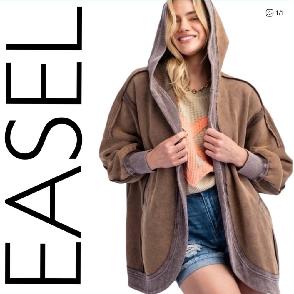 EASEL Distressed Cardigan Jacket w/Hood - NWT